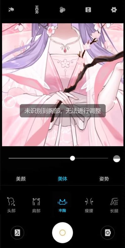 图片展示了某美颜软件的界面截图，当前选中“美体”功能中的“丰胸”选项。屏幕中央是一位身着粉色传统服饰、紫色长发的动漫女性角色，手持梅花枝，画面唯美。然而软件弹出提示“未识别到胸部，无法进行调整”，形成技术识别局限与动漫艺术形象之间的搞笑反差，凸显AI在处理非真实人物时的“无奈”。