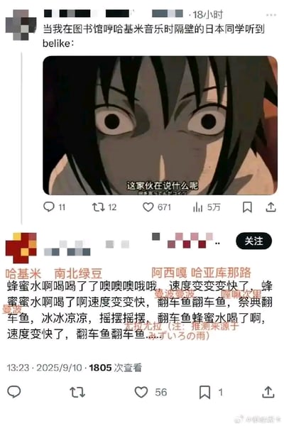 这是一张社交媒体截图，内容为用户分享的趣味场景：当在图书馆哼哈吉米音乐时，隔壁日本同学的反应。截图上方是用户配文，中间是一张动漫人物特写，该人物瞪大双眼，表情震惊且困惑，下方配有字幕“这家伙在说什么呢”，生动表现出听不懂音乐内容的茫然。图片下方还有一段包含“哈吉米”“蜂蜜水”“翻车鱼”等关键词的魔性文字，疑似对所哼音乐歌词的戏仿。截图还显示了发布时间（2025/9/10 13:23）、查看次数（1805次）及互动数据（点赞671、转发12、评论11、收藏5万）。