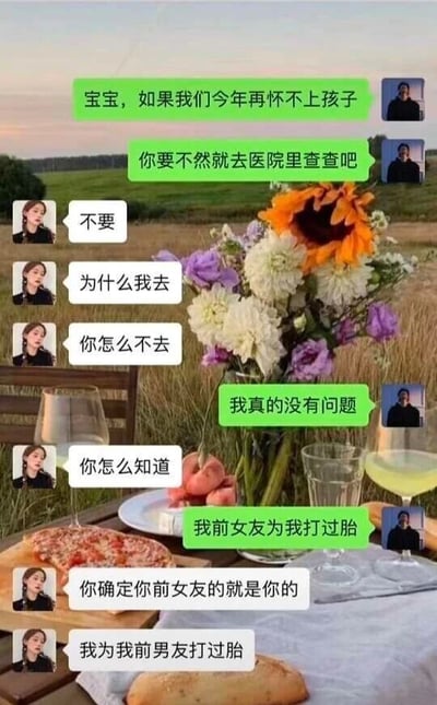 这是一张模拟微信聊天界面的梗图，背景是户外野餐的风景图，前景是一对情侣的聊天对话框。对话围绕备孕检查展开：男方先提议如果今年还怀不上孩子让女方去医院检查，女方拒绝并反问为何不是男方去；男方称自己没问题，理由是前女友为他打过胎，女方随即质疑他确定孩子是他的，最后说出自己为前男友打过胎的事实，对话充满反转，戳中了情侣间关于生育问题的尴尬现实，用黑色幽默的方式制造笑点。
