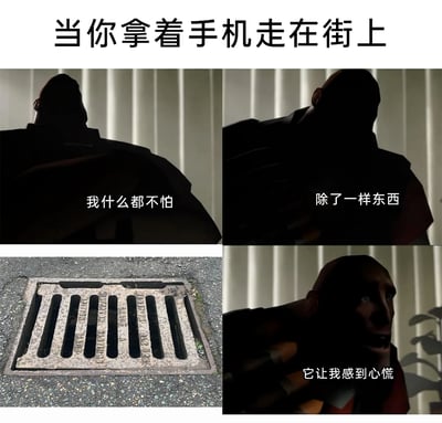 这是一张四格连环梗图，以游戏《军团要塞2》中的Heavy角色为素材，搭配中文配文调侃低头族的日常恐惧：第一格中Heavy背对镜头，配文“我什么都不怕”；第二格角色侧身，配文“除了一样东西”；第三格展示了街上的下水道井盖；第四格Heavy露出惊恐的表情，配文“它让我感到心慌”，精准戳中了低头看手机走路时，害怕手机不慎掉进下水道井盖缝隙的普遍焦虑情绪。
