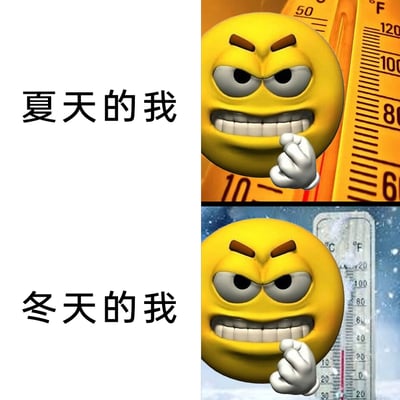 这是一张上下拼接的对比类梗图，上半部分标注文字“夏天的我”，右侧是显示高温的橙色温度计（华氏度刻度数值极高），搭配3D小黄脸表情，该表情眉头紧皱、咬牙切齿，呈现出因天气酷热难耐而愤怒烦躁的状态；下半部分标注文字“冬天的我”，右侧是显示低温的温度计（背景飘雪，刻度数值极低），搭配同款3D小黄脸表情，呈现出因天气寒冷刺骨而愤怒烦躁的状态。整张图通过相同的愤怒表情对应截然不同的季节温度，生动调侃了很多人在极端天气下的情绪状态，引发人们对季节天气影响心情的共鸣。