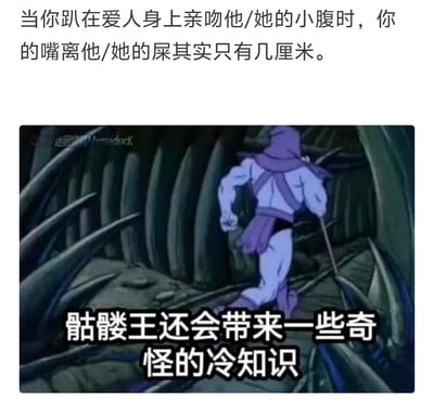 这是一张二次创作的搞笑梗图，上方配有破坏浪漫氛围的现实冷知识文案：“当你趴在爱人身上亲吻他/她的小腹时，你的嘴离他/她的屎其实只有几厘米”，下方是美国动画《宇宙的巨人希曼》中骷髅王的背影截图，搭配文字“骷髅王还会带来一些奇怪的冷知识”，用严肃的动画角色和离谱的冷知识结合，制造反差感，达到搞笑、煞风景的效果，用来调侃那些打破浪漫的现实细节。