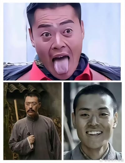 这是一张由三张图片拼接而成的趣味梗图，上方为AI生成的演员张桐恶搞形象，做出吐长舌头的滑稽搞怪表情；左下角是张桐在红色题材电视剧《觉醒年代》中饰演李大钊的官方剧照，他身着深色长衫、佩戴眼镜，神情严肃沉稳；右下角是张桐在抗战题材电视剧《亮剑》中饰演魏大勇（魏和尚）的官方剧照，他露出憨厚质朴的笑容。图中通过正经的经典角色形象与恶搞AI形象的强烈反差，制造出搞笑的效果。