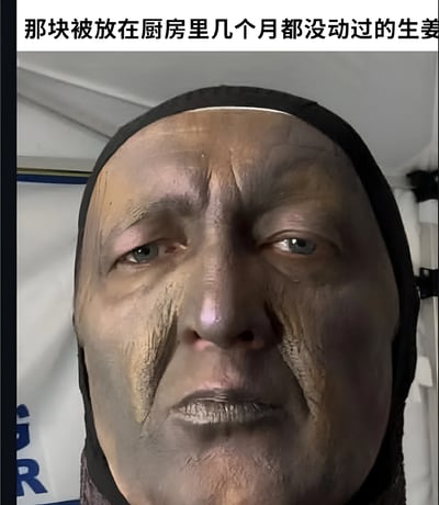 图片上方配有文字“那块被放在厨房里几个月都没动过的生姜”，下方是一张面部特写照片。照片中人物的脸部皮肤布满深刻的皱纹，纹理粗糙、颜色暗沉，与长时间放置后干瘪老化的生姜外观形成幽默的视觉联想，通过夸张对比调侃日常生活中被遗忘在厨房的食材状态。