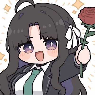 这是一张Q版风格的原创卡通插画，画面中的深色长发少女侧扎着白色蝴蝶结，身着西装外套、白衬衫搭配绿色领带，有着紫褐色的大眼睛，脸颊晕着淡淡的红晕，嘴巴张开露出兴奋的神情，正举着一支红玫瑰，背景点缀着闪亮的星芒特效，整体氛围活泼治愈，传递出热情送花的暖心感。