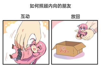 这是一张以“如何照顾内向的朋友”为主题的搞笑梗图，采用左右分栏的多图拼接形式呈现。左侧画面标注“互动”，一只大手捏着Q版的后藤独（波奇酱），她是动漫《孤独摇滚！》里的社恐内向角色，此时她露出开心大笑的表情，看起来十分享受这个互动；右侧画面标注“放回”，大手将波奇酱托在掌心，旁边是一个印有日文“完熟マンゴー”（完熟芒果）的纸箱，寓意着和内向的朋友短暂互动后，要让他们回到属于自己的独处舒适区，用可爱拟人化的方式调侃了内向人群的社交特点：短暂社交后需要独处来“充电”。