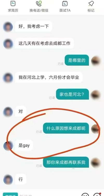 这是一张招聘聊天界面的截图，显示了一位河北即将毕业的求职者与招聘方的对话。求职者表示考虑去成都工作，当被问及原因时，坦诚回答"是gay"（同性恋），该回答被红色圆圈重点标注。招聘方随后回复"那你来成都再联系我"，对话以求职者答应结束。整个对话展现了职场场景中关于性取向的意外坦诚交流。