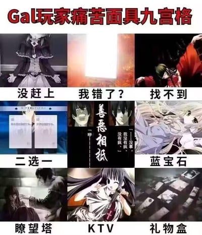 这是一张由9张Galgame场景截图组成的九宫格图片，每张图片下方配有文字注释，幽默展现Gal玩家在游戏中遇到的各类痛苦情境。具体包括：左上角「没赶上」（可能错过关键剧情/事件）、上方中间「我错了？」（对选择产生自我怀疑）、右上角「找不到」（探索时无法找到目标）、左中「二选一」（面临艰难抉择的游戏界面）、中间「善恶相抵」（道德困境相关剧情）、右中「蓝宝石」（特定道具/角色引发的困扰）、左下角「瞭望塔」（场景探索难题）、下方中间「KTV」（社交互动类困境）、右下角「礼物盒」（物品选择或错过奖励）。整体以「痛苦面具」为梗，调侃Galgame中常见的令人头疼的游戏设计。