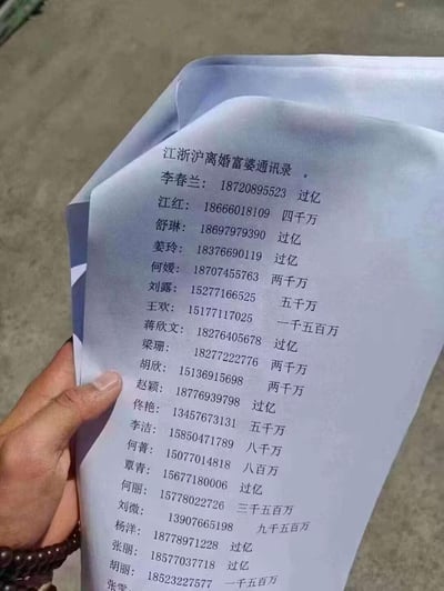 这是一张被手持的打印纸，上面列出了名为“江浙沪离婚富婆通讯录”的杜撰内容，包含多位女性的姓名、联系电话和标注的资产金额，资产从八百万到过亿不等。这是一个带有调侃、玩梗性质的虚构列表，用来迎合部分想走捷径的趣味心态，内容并无实际真实性。
