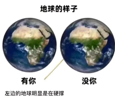 图片为左右对比结构，展示两个几乎完全相同的地球球体。上方标题为“地球的样子”，左侧地球下方标注“有你”，右侧标注“没你”，底部配有文字“左边的地球明显是在硬撑”。通过视觉上无差异的地球对比，以幽默方式暗示“你”的存在对地球造成了负担，属于调侃式网络迷因。