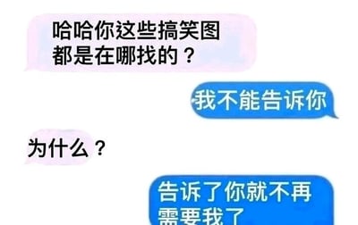 这是一张聊天记录截图，呈现了一段温馨又带点小趣味的双人对话。对话以粉色气泡的提问者好奇询问蓝色气泡的回答者“搞笑图的来源”展开，回答者先表示不能告知，在提问者追问原因后，给出了“告诉了你就不再需要我了”的回复，这句话透露出回答者希望通过分享搞笑图来维持自己在提问者心中的独特性，是一种带有小撒娇和依赖感的暖心表达，对话没有使用双关、谐音梗等手法，内容轻松日常，容易引发网友对亲密关系互动的共鸣。