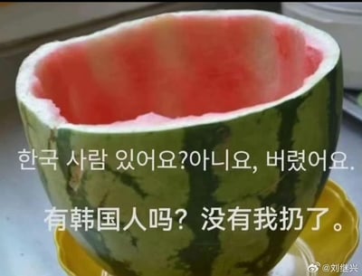 图片展示了一个被挖空内部果肉的西瓜壳，放置在黄色容器上。图片配有中韩双语文字，中文内容为“有韩国人吗？没有我扔了。”，韩文是对应的翻译。这是一个针对网络上“韩国争抢他国文化、物产归属”相关传闻的戏谑玩梗图，用夸张的玩笑话暗讽韩国常被网友调侃的什么都想占为己有的行为，通过这种幽默的方式制造笑点，没有涉及政治性内容。