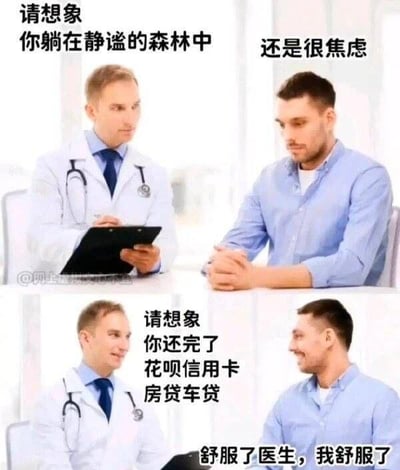 图片为上下两格拼接的图文 meme。上格中穿白大褂的医生手持剪贴板对患者说：'请想象你躺在静谧的森林中'，患者皱眉回应'还是很焦虑'；下格医生改口：'请想象你还完了花呗信用卡房贷车贷'，患者立刻舒展表情说'舒服了医生，我舒服了'。通过对比幽默讽刺现代人的焦虑根源往往来自实际的财务压力而非抽象的心理放松法。