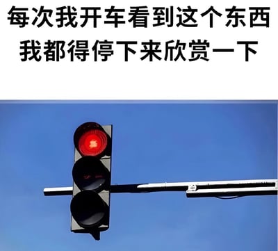 图片上半部分是黑色文字：'每次我开车看到这个东西 我都得停下来欣赏一下'，下半部分是一张交通信号灯的照片，信号灯显示为红色。这是一个幽默梗图，利用双关语调侃人们遇到红灯必须停车的交通规则，将'必须停车'幽默地表述为'停下来欣赏'。