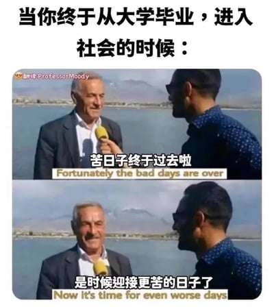 这是一张流行网络梗图，画面分为上下两部分，内容为模拟采访场景。上方配文“当你终于从大学毕业，进入社会的时候：”下方的两条字幕对话表达了：经历大学苦日子后，以为苦难结束，实际却是更苦的日子要来了。此梗幽默反映了社会新人面对现实压力的吐槽，有明显的自嘲和丧文化色彩。配图英语字幕加强了讽刺氛围。未出现谐音梗、暗示等。
