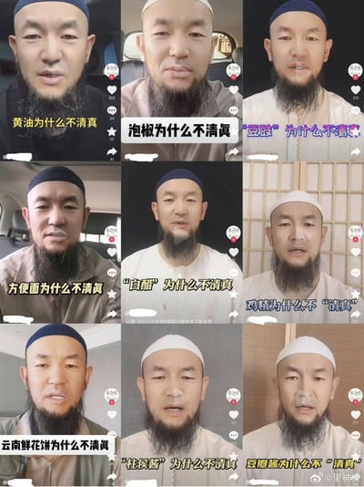 这是一张九宫格布局的抖音视频截图拼接图，展示了一位戴不同颜色帽子的男子在不同场景（车内、室内等）讲解各类食品是否清真的内容。每张截图都配有"黄油为什么不清真"、"泡椒为什么不清真"等类似文字标题，下方有抖音的点赞、评论、分享等交互按钮。整体画面清晰，人物表情严肃认真，专注于讲解清真食品相关知识。