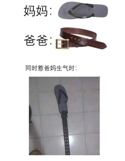 图片通过三部分内容幽默展现亲子场景：上方左侧标注“妈妈：”，对应右侧灰色人字拖；中间左侧标注“爸爸：”，对应右侧棕色皮带；最下方标注“同时惹爸妈生气时：”，配图为一只人字拖与一条皮带并排置于瓷砖地面，暗示即将面临父母的“混合双打”，用日常物品形象化家长生气时的状态。