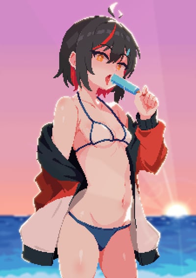 这是一幅像素风格的二次元插画，画面主体是一位站在海边的少女。少女留着黑红相间的短发，橙黄色的眼眸透着放松的神态，她穿着蓝边细带比基尼，外搭一件宽松的拼色外套，皮肤带着湿润的光泽，仿佛刚沾染过海雾或海水。少女正张嘴咬着一支蓝色的冰棒，姿态慵懒惬意。背景是日落时分的海滨场景，橙粉色渐变的天空与深蓝色的海面相接，太阳垂在海平面上方，暖色调的光线洒在少女身上，整体营造出清凉舒适的夏日海边氛围。