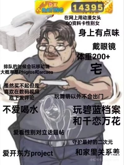 这是一张讽刺类梗图，描绘了一个戴着眼镜、体型肥胖的卡通男性形象。他手持手机，身旁放着一叠纸巾，周围环绕着大量描述性文字，包括“在网上用动漫女头”“QQ资料卡性别女”“身上有点味”“体重200+”“宅”“玩Phigros和arcaea”“爱看性别对立话题帖”等，整体通过夸张的形象和文字组合，调侃了部分网络上伪装身份的宅系男性群体特征。