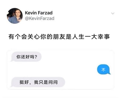 这是一条来自Twitter用户@KevinFarzad的搞笑推文，采用反讽风格呈现了一段扎心的朋友互动场景。推文标题写着“有个会关心你的朋友是人生一大幸事”，但下方的聊天记录却充满反差：朋友主动询问“你还好吗？”，在得到“不”的负面回复后，朋友却表示“挺好，我只是问问”，完全没有提供关心或安慰，这种不走心的互动和标题形成强烈对比，调侃了这种“塑料朋友”式的虚假关心，制造出搞笑又扎心的效果。