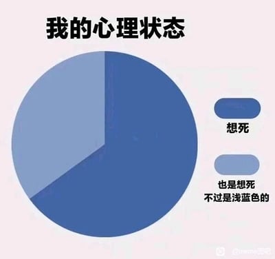 这是一张以饼图为载体的搞笑情绪表达图，标题为“我的心理状态”。饼图被划分为两个色块区域，占比更大的深蓝色区域标注文字“想死”，占比稍小的浅蓝色区域标注文字“也是想死 不过是浅蓝色的”。这张图通过玩梗的方式，用看似区分情绪程度的表述，实则表达整体都处于低落、消极的负面情绪中，用幽默夸张的方式调侃自身的糟糕心理状态，将负面情绪用搞笑的形式呈现出来，消解了负面情绪的沉重感。