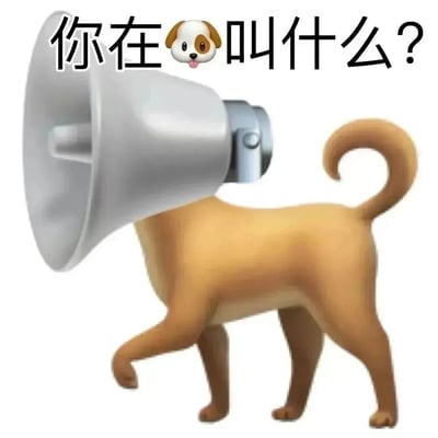 一张幽默表情包，画面中有一只卡通狗，其头部被一个银色喇叭替代。上方配有文字“你在🐶叫什么？”，其中“狗”字用一个吐舌头的小狗emoji替代，形成文字游戏。这是一个双关语，字面意思是“你在狗叫什么？”，实际在网络语境中常用来调侃他人吵闹或发表无意义言论。