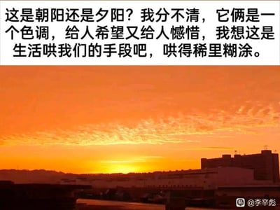 这张图片采用图文混排的形式，上半部分是一段充满生活感悟的文字，作者发出“这是朝阳还是夕阳？我分不清”的疑问，指出二者色调相近，朝阳象征着新生与希望，夕阳则带着落幕的惋惜感，将这种难以分辨的状态比作生活哄人的手段，引发人们对生活中类似矛盾、模糊情绪的共鸣；下半部分是一张城市天际线的实景照片，画面里橙黄色的暖调天空笼罩着低矮的城市建筑，太阳正处在地平线位置，散发出柔和的光线，整体氛围既温暖治愈又带着一丝怅然，与上方文字传递的情绪完美呼应。