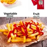 这是一张玩食材分类梗的搞笑图，图中上方用中英双语标注，将薯条标注为「Vegetable 蔬菜」，将番茄酱标注为「Fruit 水果」，下方是淋有番茄酱的薯条。
这个梗的笑点在于：薯条的原料土豆属于蔬菜，番茄酱的原料番茄属于水果，这种看似和日常认知不符但实际正确的分类，制造出一种冷笑话式的搞笑效果。