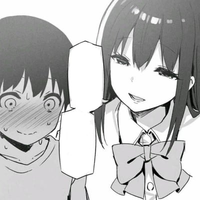 这是一张黑白漫画风格的单图，画面右侧是身着带蝴蝶结领结校服的女生，脸上带着戏谑的笑意，抬手做出动作；左侧的男生满脸通红、双眼圆睁，脸上挂着汗珠，呈现出极度害羞、窘迫无措的状态，生动展现了校园里女生挑逗男生的暧昧又搞笑的互动场景。