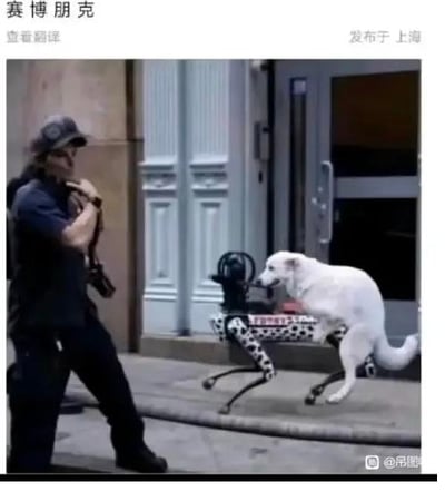 图片展示了赛博朋克风格的创意场景：左侧一名戴帽男子身着深色衣物，站在带有古典雕花装饰的建筑旁的人行道上；右侧一只白色狗狗的后肢被替换为黑色机械腿（带轮子和关节结构），正迈步前行。真实街景与科幻机械元素的结合，营造出强烈的未来科技感。
