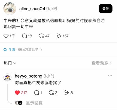 这是一张X（原推特）平台的社交内容截图，顶部用户alice_shun04发布动态玩梗，称网络热词“牛来”的社会意义是当自己遭遇私信骚扰、被对方叫妈妈时，可以泰然自若地回复一句“牛来”，该动态收获1千点赞、18条评论、47次转发、157次分享。动态下方显示“牛来”相关话题共有55.4万篇帖子，另有用户heyyo_botong在热门评论区回复调侃，称如果对面真的把牛发过来，骚扰者就会老实了，该评论收获217个点赞。