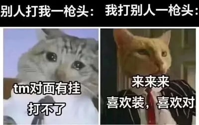 该图为左右对比的游戏主题表情包，左侧是一只灰色猫咪，眼神委屈，配文“tm对面有挂 打不了”，表现被别人爆头时的崩溃与找借口心态；右侧是一只穿着西装的橘猫，表情得意且带嘲讽，配文“来来来 喜欢装，喜欢对”，展现自己爆头别人时的嚣张与调侃。通过猫咪表情和文字的反差，幽默讽刺了玩家在游戏中遇到爆头时的双标心态。