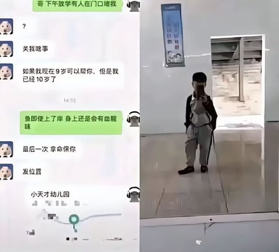 这张梗图左侧是模仿微信聊天的对话，右侧是一个小孩背着书包站在类似幼儿园或学校门口的自拍。对话内容看似孩子和家人之间的日常沟通，但孩子用高度成熟甚至有些“哲理化”“社会人”风格的语言表达自己的感受，例如“鱼即使上了岸，身上还是会有血腥味”，呈现出小大人的反差笑点。这种把小朋友和成年人智慧结合的口吻，带有明显的网络整活、反转幽默色彩，容易被网络用户用于自嘲、搞笑、无奈等情感表达场景。整体给人感觉是对成长、成熟早熟的调侃，也带点无奈、悲观和戏谑情绪。

有明显的反差、早熟、哲学梗。
