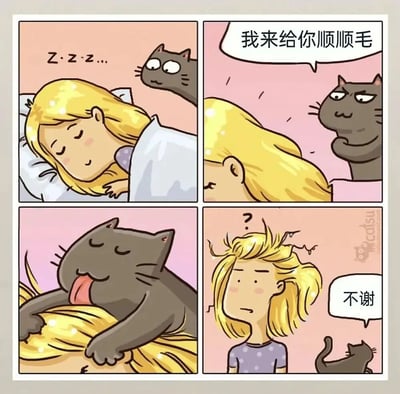 四格漫画描绘了一个有趣的日常场景：金发女孩正在睡觉（发出Z-Z-Z的鼾声），一只黑猫主动提出"我来给你顺顺毛"。然而猫咪所谓的"顺毛"竟是用舌头舔女孩的头发，结果导致女孩醒来后头发变得凌乱不堪，猫咪却得意地说"不谢"。整个漫画通过猫咪的调皮行为制造了幽默效果。