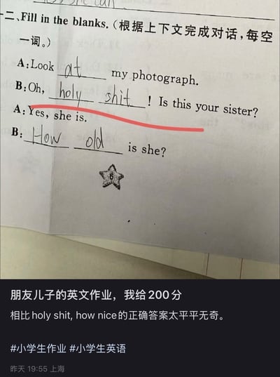 一张小学生英语填空题作业的照片，题目要求根据上下文完成对话，每空一词。对话中A让B看自己的照片，B的回答被学生填成了“Oh, holy shit!”，而不是正确答案“How nice”。老师用红笔在这个回答下画了一条横线，作业下方有一个带数字6的星星评分。图片下方有评论：“朋友儿子的英文作业，我给200分 相比holy shit, how nice的正确答案太平平无奇。”并带有#小学生作业 #小学生英语的标签和上海的定位信息。