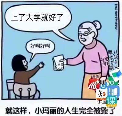 这张图通过漫画形式讽刺了家长对孩子上大学后的美好幻想与现实落差。大人以“上了大学就好了”的话安慰小孩，小孩充满期待地回应，但下方用各类标签如“早八”“社会实践”“综测”等，幽默地展现了现实中大学生生活的无情打击。结局文案直接指出小玛丽的人生被毁，形成反转与自嘲。
涉及暗示：对“上大学就好了”的传统观念提出调侃和反思。