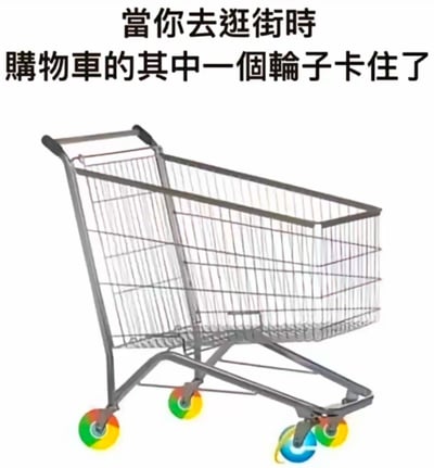 这是一张吐槽日常购物糟心事的梗图，图中的超市购物车被修改了轮子部分，将其中一个轮子P成了叠加卡住的视觉效果，搭配上方的文字“當你去逛街時 購物車的其中一個輪子卡住了”，精准还原了逛超市时遇到购物车轮子故障，推车费劲又别扭的无奈经历，用夸张的视觉表现引发大众共鸣。
无谐音梗或双关，仅通过视觉夸张还原生活场景。