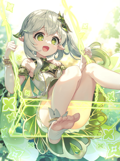 画面呈现游戏《原神》中的草神纳西妲，银白渐变浅绿的短发搭配翠绿带四叶草纹样的眼眸，她正兴奋地抓着发光的草元素藤蔓，如同在林间荡秋千。暖黄阳光笼罩着她，周围漂浮着草元素四叶草纹样，整体氛围清新治愈，满是自然灵动的气息。无谐音梗或双关含义。