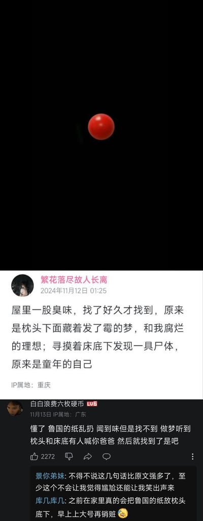 这是一张竖屏的B站评论区截图，画面上方是黑色背景搭配一个红色圆球，下方是用户“繁花落尽故人长离”发布的一段充满emo情绪的文艺文字，将生活中闻到的臭味具象化为“枕头下发霉的梦、腐烂的理想”以及“床底的童年自己”，走矫情的伤痛文学风格。随后用户“白白浪费六枚硬币”用谐音梗玩梗，将“鲁国的纸”（谐音“撸管的纸”，即擦屁股的卫生纸）代入原文的场景，把矫情的吐槽恶搞成搞笑的生活糗事，另有其他用户在楼中楼回复，认可这个恶搞的趣味性，还分享了自己类似的糗事。
其中包含谐音梗：“鲁国的纸”谐音“撸管的纸”，用来调侃原文的过度矫情。
