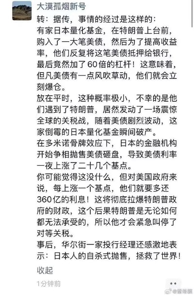 这是一则在社交平台流传的未经证实的金融类传言内容，详细讲述了一套关于美国关税政策与美债市场的连锁逻辑：一家日本量化基金在特朗普上台前购入大量美债并加至60倍杠杆，特朗普发动关税战后，美债剧烈波动导致该基金爆仓，进而引发日本金融机构集体抛售美债，使得美债利率一夜上涨二十余个基点。传言称美债利率每上涨一个基点，美国政府就需多支付360亿利息，这会彻底拖垮特朗普政府的财政，因此特朗普紧急叫停了对等关税。事后还有传言称华尔街一家投行经理表示‘日本人的自杀式抛售，拯救了世界’。整个内容以纯文字形式呈现，试图为特朗普叫停关税的行为构建一个基于金融市场波动的因果解释，但该传言并无官方权威信息佐证，属于网络流传的小道消息。