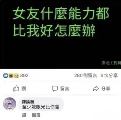 这是一张来自Facebook社群的社交媒体截图，画面顶部用绿色大字展示了一位用户的烦恼提问：“女友什么能力都比我好怎么办”，该动态收获了892个带表情的点赞、280条留言以及6次分享。对于这个问题，其实不必过度焦虑，女友选择你必然是因为你拥有独特的闪光点，比如温柔体贴、有趣的性格等，能力上的差距可以通过彼此陪伴、共同进步来缩小。而在动态下方，用户“陈论衡”给出了一条极具幽默感的评论：“至少她眼光比你差”，这条评论以反向调侃的方式，化解了提问者的自卑情绪，通过暗示“女友选择了他，说明他有值得被爱的地方”，用搞笑的逻辑回应了能力差距带来的焦虑。图片右上角带有“靠北工程師”的水印，推测该动态发布于台湾地区的同名Facebook社群中，这类社群主打用户分享生活中的各类琐事与烦恼，供其他用户互动交流。
