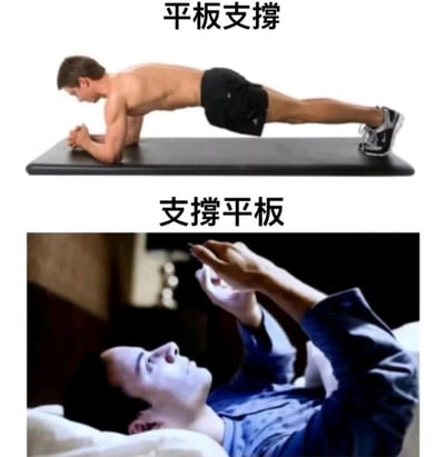 图片分为上下两部分，形成鲜明对比。上半部分展示一位赤裸上身的男性在黑色健身垫上做标准的平板支撑动作，身体呈一条直线，双手撑地，表情专注，配文“平板支撑”，指健身运动中的 plank 动作。下半部分则是一位穿着蓝色衣服的人躺在床上，双手举着平板电脑观看，身体放松，配文“支撑平板”，指用手托着平板电脑使用。
该梗图通过“平板支撑”和“支撑平板”两个词语的语序调换，制造出幽默效果，前者是积极的健身行为，后者是休闲的电子设备使用场景，形成有趣的语义反差。