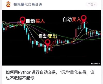这是一张布克量化交易训练的广告图片，展示了一个股票K线图，上面有多个技术指标线和三个标记点。左侧和右侧各有一个红色标记点标注为'自动买入'，中间有一个红色标记点标注为'自动卖出'。图片底部有宣传文字：'如何用Python进行自动交易，1元学量化交易，谁也不敢瞧不起你'。