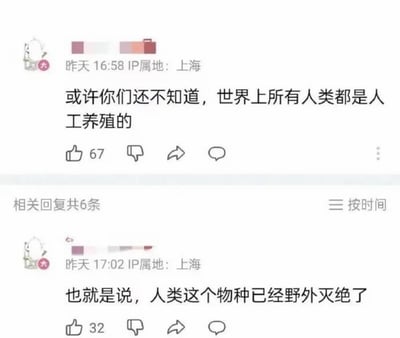 这是一张社交媒体帖子截图，内容展示了同一IP属地为上海的账号发布的两条发言，主帖提出观点「或许你们还不知道，世界上所有人类都是人工养殖的」，随后该账号补充回复「也就是说，人类这个物种已经野外灭绝了」，内容借用生物学中「人工养殖」「野外灭绝」的物种保护概念玩文字逻辑梗，制造出反差笑点，截图中显示主帖获赞67，回复获赞32，共有6条相关回复。