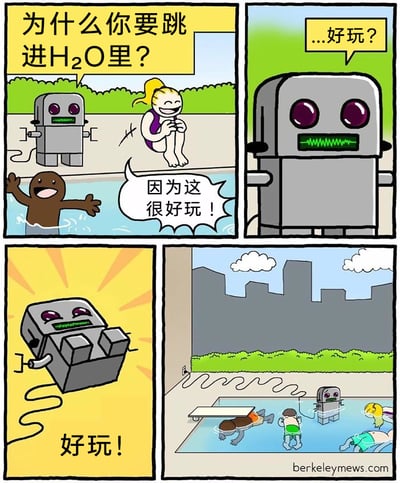 这是一幅四格卡通漫画，讲述了充满黑色幽默的故事：第一格，一台连接着电线的机器人向泳池边的金发女孩与泳池里的人提问“为什么你要跳进H₂O里？”，水里的人笑着回应“因为这很好玩！”；第二格，机器人露出疑惑的神态，发出“...好玩？”的疑问；第三格，机器人突然变得兴奋，大喊“好玩！”并朝着泳池跃去；第四格，机器人站在泳池中，而原本在泳池里的人们都因机器人带电入水引发触电，失去意识漂浮在水面上，机器人却未察觉自己的行为造成了悲剧。漫画通过机器人对人类“玩水”行为的字面误解，制造出荒诞又讽刺的搞笑效果。