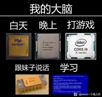这是一张多图拼接的趣味自嘲梗图，以“我的大脑”为主题，通过英特尔不同年代、性能差异巨大的处理器以及电脑蓝屏界面，来对应人在五种不同场景下的大脑运转状态：白天对应英特尔奔腾处理器，代表日常状态下大脑处于普通运转水平；晚上对应英特尔酷睿i7-7700K处理器，代表晚上大脑性能有所提升；打游戏对应英特尔酷睿i9 X-series高端处理器，表现出打游戏时大脑高速运转、性能拉满的状态；跟妹子说话对应英特尔早期的C4004老旧处理器，调侃此时大脑“卡壳”、运转迟钝；学习对应电脑蓝屏界面，暗指学习时大脑直接“宕机”，完全无法正常运转，用硬件性能的差异生动形象地调侃了不同场景下自身状态的反差，十分贴合年轻人的日常自嘲心理。