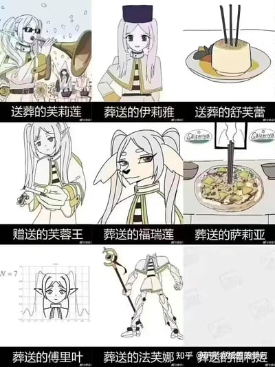 这是一组基于热门动画《葬送的芙莉莲》创作的九宫格谐音梗玩梗图，每一格都通过替换“芙莉莲”的名字为谐音词汇，结合对应事物、角色、品牌的特征进行二次创作：
1. 送葬的芙莉莲：芙莉莲吹奏大号，营造送葬的仪式感
2. 葬送的伊莉雅：替换为《Fate》系列的伊莉雅形象
3. 送葬的舒芙蕾：将舒芙蕾制作成插香的“葬礼”样式
4. 赠送的芙蓉王：芙莉莲手持芙蓉王香烟，玩“赠送”“芙蓉王”的谐音
5. 葬送的福瑞莲：把芙莉莲改编为兽人（福瑞）形象
6. 葬送的萨莉亚：萨莉亚披萨插香，结合餐饮品牌玩谐音
7. 葬送的傅里叶：用傅里叶函数图像绘制出芙莉莲的脸部
8. 葬送的法芙娜：改编为《苍穹之法芙娜》的机甲形象
9. 葬送的福利姬：以空白画面玩谐音留白

**谐音梗说明**：所有内容围绕《葬送的芙莉莲》的名称展开谐音替换，将“芙莉莲”与“伊莉雅”“舒芙蕾”“芙蓉王”“福瑞”“萨莉亚”“傅里叶”“法芙娜”“福利姬”等词汇结合，结合对应元素的特征创作，充满脑洞与趣味。