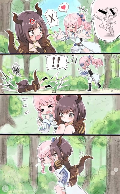 这是一则四格原创二次元卡通漫画，描绘了两个女孩在林间的温馨互动：
1. 第一格：长着龙角和尾巴的棕发女孩满脸愤怒，粉发女孩笑着比出X的手势，旁边的气泡里画着两人打闹的画面，似乎是粉发女孩在调侃对方；
2. 第二格：棕发女孩被气得当场摔倒在地，粉发女孩一脸震惊地看着她；
3. 第三格：粉发女孩拿着创可贴，满脸愧疚，棕发女孩膝盖受伤，眼眶含泪，看起来十分委屈；
4. 第四格：棕发女孩趴在粉发女孩的背上，两人和好，氛围变得温馨又害羞。
整体是闺蜜间小打闹后快速和好的日常故事，没有双关或谐音梗。