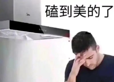这是一张利用谐音梗创作的搞笑合成图。画面中，一名男子头部撞到了悬挂在上方的美的品牌抽油烟机，他用手捂住额头，面露痛苦懊恼的神情；抽油烟机左上角带有美的品牌标识，画面上方配有文字“磕到美的了”。该图巧妙结合了“头部磕到美的抽油烟机”的真实场景与网络热梗“磕到了”（通常指对CP配对感到兴奋）的谐音，制造出双关的幽默效果，将意外碰撞的尴尬场景转化为趣味玩梗的内容，适合在聊天中用来调侃意外、玩CP梗或者单纯搞笑。