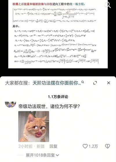 图片上半部分为标题“核爆之后能量和辐射防御与回收逆向工程中的统一场方程”及大量复杂数学公式，营造出高深科学的氛围；下半部分是社交媒体评论区截图，显示“大家都在搜：天阶功法摆在你面前你...”，并有一条高赞评论“帝级功法现世，诸位为何不学？”，配图为一只表情滑稽的橘猫（歪头吐舌，眼神戏谑）。通过将看似严谨的“核爆方程”与网络修仙小说中的“帝级功法”“天阶功法”概念并置，形成强烈反差，结合猫咪表情包的搞笑效果，制造出荒诞幽默的调侃感。